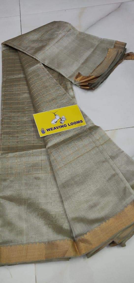 Ash Colour Semi Tassar Silk Mini Box Middle Chek Design & Mini Temple Border Saree - Image 1