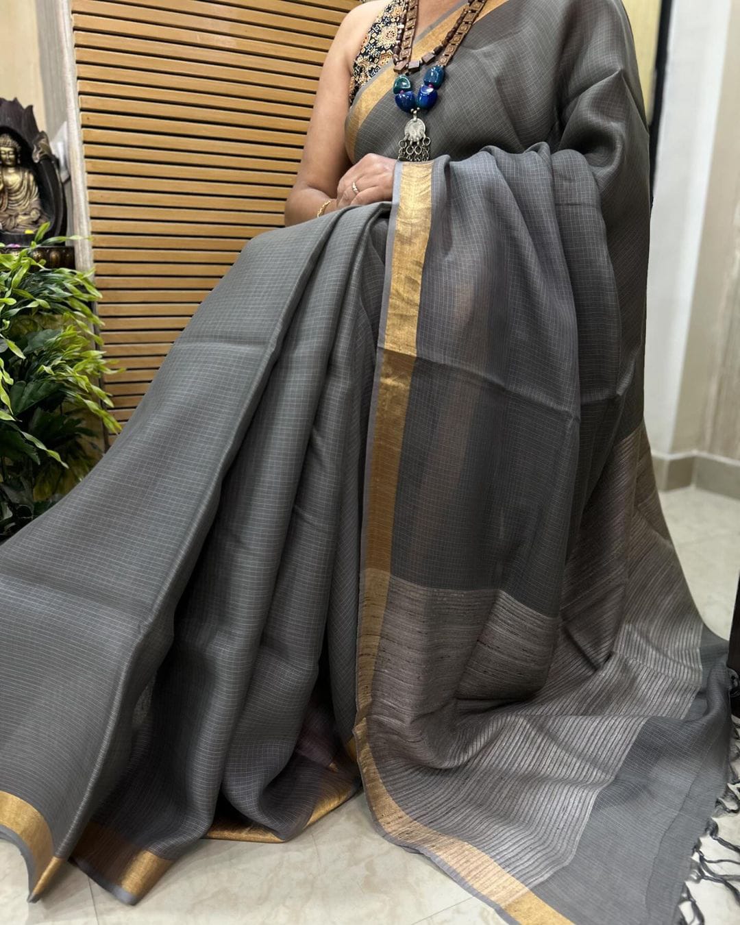 Ash Colour Moslin Kota Silk Saree - Image 1