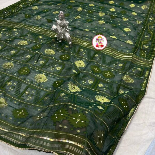 Kardana Hand Ari & Original Mirror Work On Semi Hard Dhakai Jamdani Saree