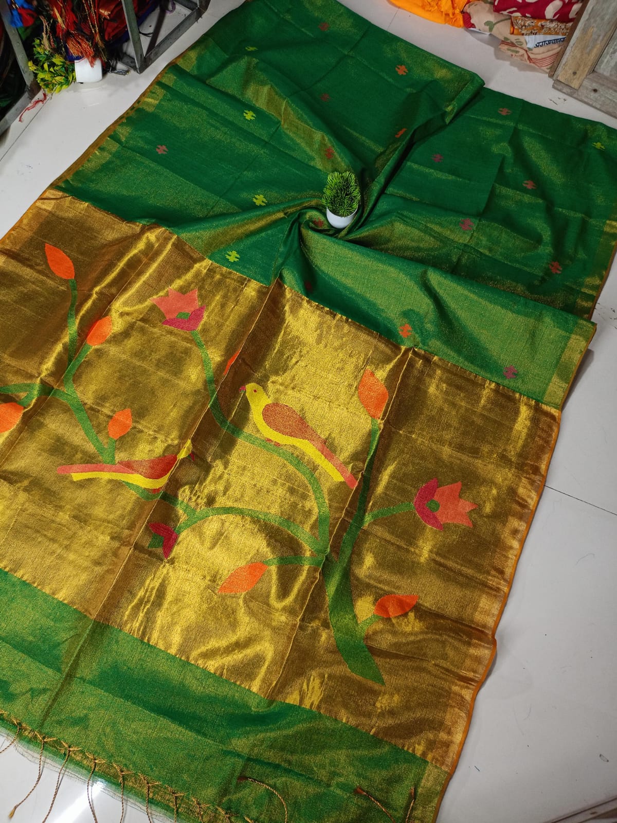 Bottle Green Metrial Tissue Line Paithani Pallu With Blouse Saree - Image 1