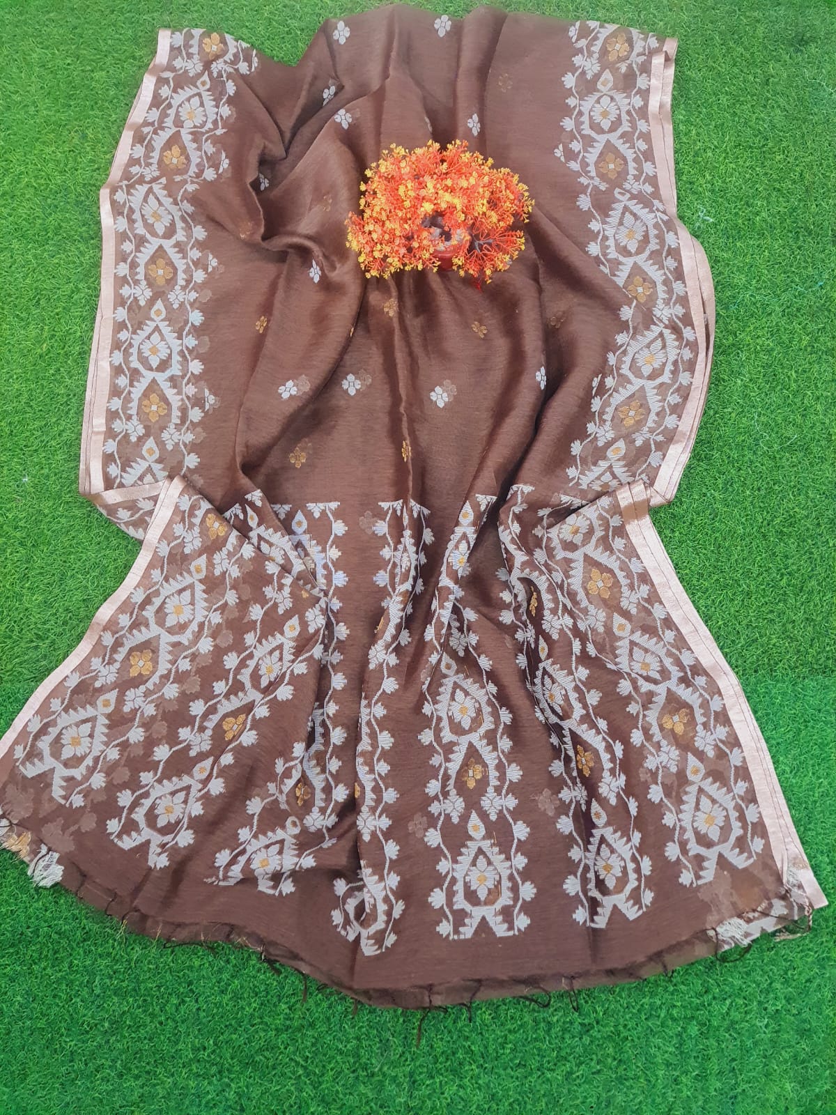 Chocolate Colour Silk linen Saree - Image 1