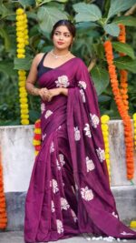 EXCLUSIVE PRIMIUM QUALITY ROSE HAND PRINT KHADI COTTON  SAREE - Image 11